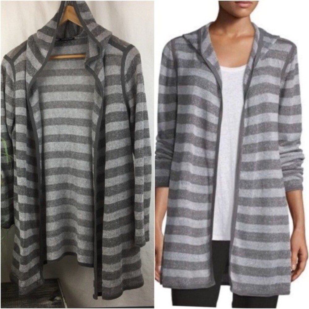 Eileen Fisher Gray Striped 3/4 Sleeve Knit Duster Sweater LP